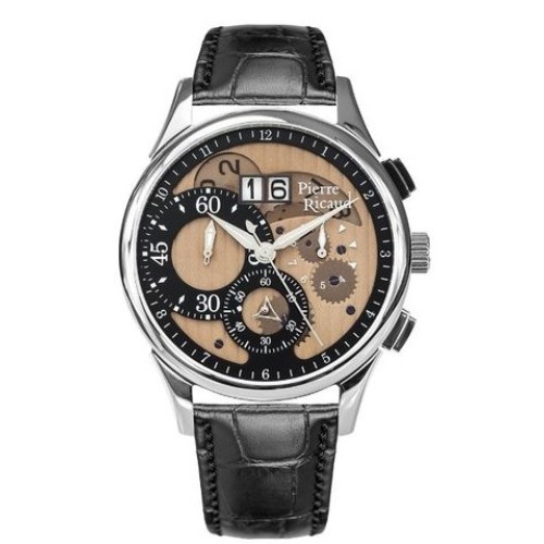 Ceas barbatesc Pierre Ricaud, PR97211.521GCH, 44mm, Mineral, Bratara de piele Negru/Crem
