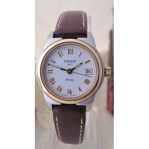 Ceas Barbatesc Tissot 1853 PR 50, J376/476K, 36mm, Quartz, WR 50m, Cadran Alb, Curea din piele, Auriu/Argintiu
