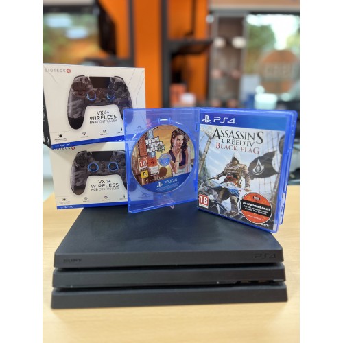 Consola Sony Playstation 4 Pro 1 Tb + 2 Controllere wireless compatibile RGB Gioteck VX4+, Dark Camo + Assassin's Creed IV Black Flag - Joc PS4 + Grand Theft Auto V - Joc PS4
