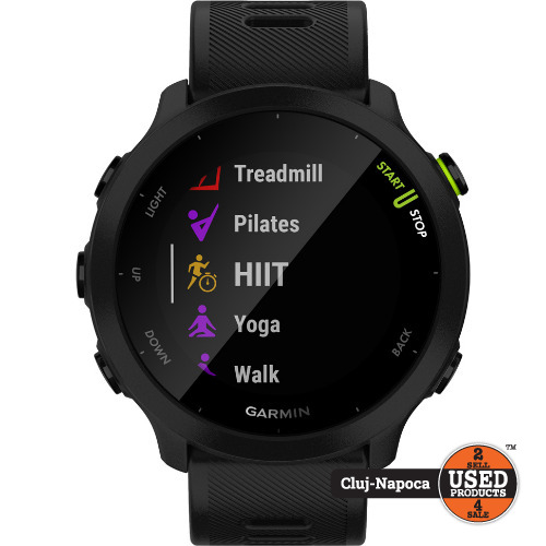 Smartwatch Garmin Forerunner 55, 42mm, 1.04 inch, Monitorizare activitate, HR, Negru (Produs NOU)