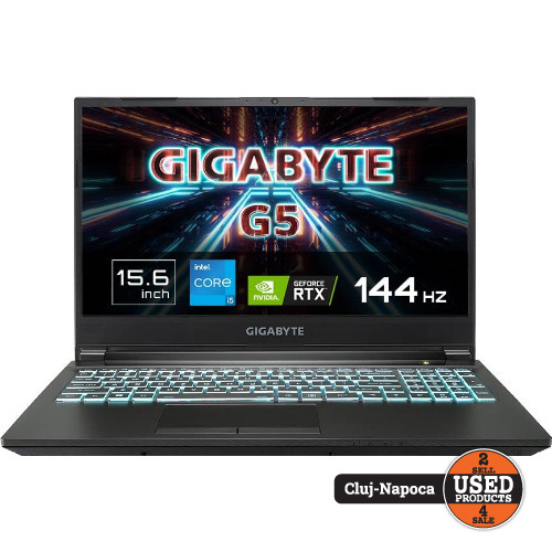 Laptop Gaming Gigabyte G5 GD, 15.6 inch FHD, 144Hz, i5-11400H 4.5 GHz, 16 Gb RAM, 3200 MHz, 512GB SSD, nVidia GeForce RTX 3050 Ti, USB, SD Card Reader, USB-C, HDMI, Ethernet, Mini Displayport, Black