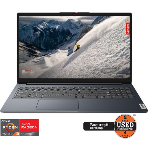 Laptop Lenovo IdeaPad 1 15AMN7 cu procesor AMD Ryzen 3 7320U pana la 4.10 GHz, 15.6", Full HD, 8GB, 256 GB SSD, AMD Radeon 610M, No OS, Abyss Blue
