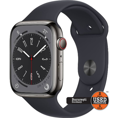 Apple Watch Series 8 45mm, Stainless Steel Case, GPS+Cellular, Midnight Sport Band, A2775
