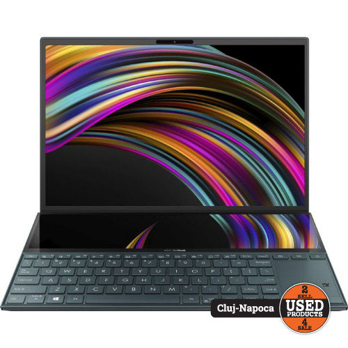 Laptop ultraportabil ASUS ZenBook Duo UX481F, Display tactil 14 inch FHD IPS, Intel Core i7-10510U 2.3 GHz, 16 Gb RAM, SSD 512 Gb NVMe, nVidia GeForce MX250 2 Gb, Wi-Fi 6, HDMI, Micro SD Card Reader, USB-C, Jack 3.5mm, Celestial Blue