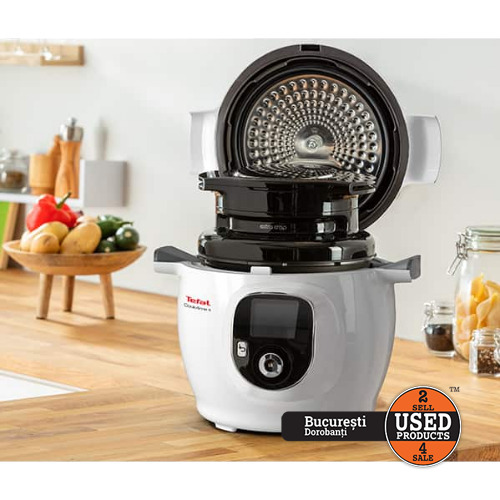 Aparatul De Gătit Multifuncțional Tefal Cook4Me+ CY851130, 6l, 1600W, 6 Programe, Aplicatie 150 retete, Alb + Accesoriu Pentru Prajit 4 Programe Tefal Cook4Me Extra Crisp Lid EY150830 , Temperatura Ajustabila, Negru
