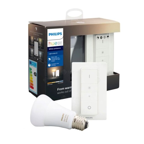 Kit bec LED smart Philips A60 cu intrerupator Hue Dimmer, 8.5 W, 806 lm, 25000 ore, 2200K-6500K, Bluetooth, ZLL (Produs NOU!)
