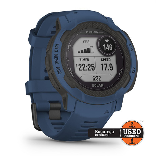 Smartwatch Garmin Instinct 2 Solar, Rugged, Albastru, 45mm, Bluetooth, Polimer ranforsat, Bratara silicon, 10 ATM, Alerta puls, iOS, Android
