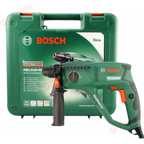 Ciocan rotopercutor Bosch PBH 2100 RE, 550 W, cu cablu, 2300 rpm, SDS Plus, cu valiza si 6xburghie
