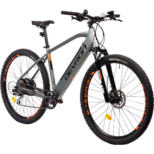 Bicicleta Electrica Devron Vulcan, Marime Cadru L 490mm, Roti 29 inch, Motor 250W, Viteza Maxima 25km/h, Frane fata-spate Disc hidraulica, Schimbator Shimano Acera, 8 Viteze, Gri