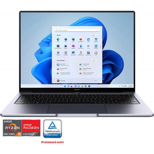 Laptop ultraportabil Huawei MateBook 14", AMD Ryzen 5 5500U pana la 4.00 GHz, 2K, 16GB, 1TB SSD, AMD Radeon Graphics, Gray
