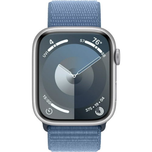 Apple Watch Series 9, 45mm, Silver Aluminium, Winter Blue Sport Loop, GPS, A2980