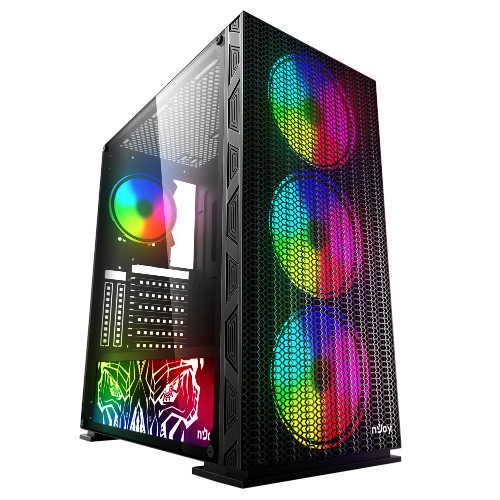 Carcasa PC Gaming nJoy Kona CSMD-E000UKO-CR01B, 2x USB 3.0, USB 2.0, 4 ventilatoare, RGB, Iesire audio frontala, Telecomanda, Negru
