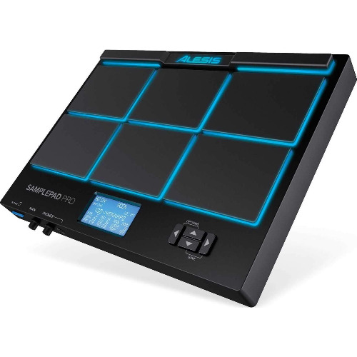 Modul de Tobe Electronice Alesis Samplepad Pro, LED Albastru, Peste 200 de Sunete de Tobe, Ecran LCD, MIDI, USB, JACK 1/4", Aux 1/8", SD, Intrari Pedale Kick/HI-Hat, Negru.

