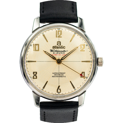 Ceas Barbatesc de Colectie 1950-1959 Atlantic WorldMaster 21 Jewels Super Deluxe, 37 mm, Cristal Safir, Automatic, Otel Inoxidabil, Analog, WR, Gold-Silver

