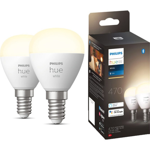 Set 2 becuri LED Philips Hue 5.7W E14, RGB, 470lm, 2700K, Hue Bridge, Hue Bluetooth, Amazon Alexa, Google Assistant