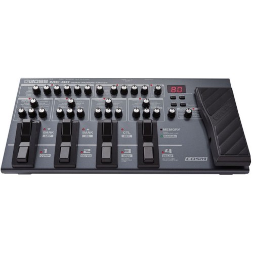 Multiefect Chitara Boss ME-80, 8 x Sectiuni de Efecte - Simultane, 9 x Modelari de Amplificatoare, 2 x Iesiri de Amplificare Chitara - Jack mare, 1 x Iesire de Tasti/Recording - Jack mic
