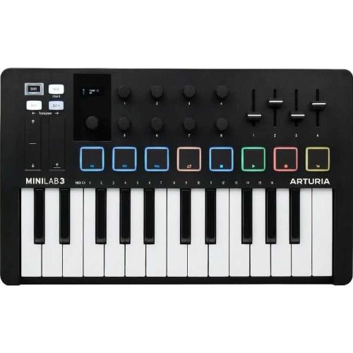 Controller MIDI Arturia MiniLab 3, Ecran LED, 25 clape sensibile la viteza, 2 benzi tactile , 8 pad-uri, USB-C, Negru
