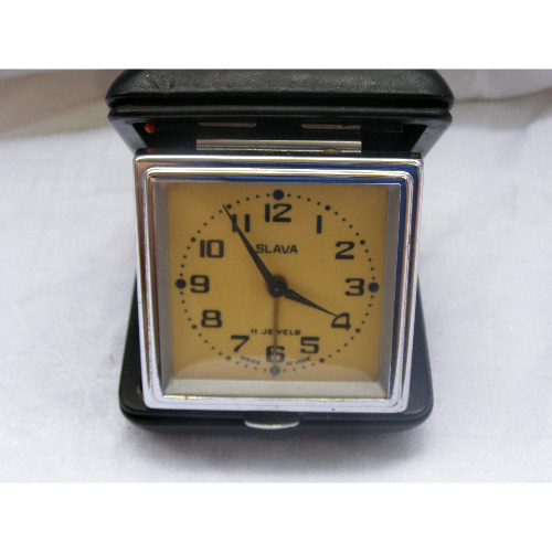 Ceas Destepator Vintage Slava 11 Jewels, Perioada Comunista, Mecanism Hibrid, Galben-Maro
