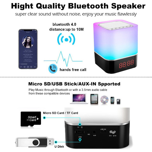 Lumina de noapte, 5W, difuzor Bluetooth, player MP3, ceas cu alarma digital, RGB,Touch Sound Lamp S8
 Lumina de noapte, 5W, difuzor Bluetooth, player MP3, ceas cu alarma digital, RGB,Touch Sound Lamp S8