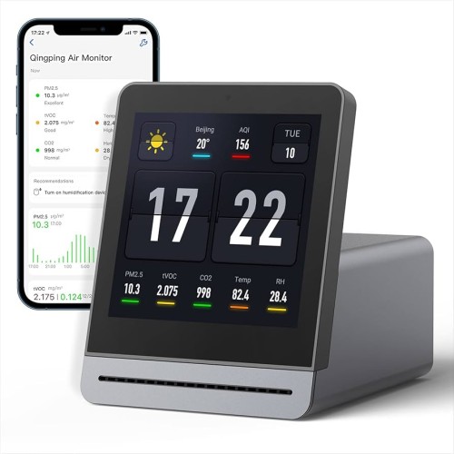 Device Smart Pentru Monitorizarea Calitatii Aerului Qinping Air Monitor CGS1, Ecran LCD Touchscreen, WiFi, Particule Fine (PM2.5), CO2, Compusi Organici Volatili (tVOC), Temperatura, Umididate, USB-C, Gri
