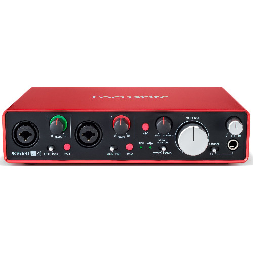 Interfata audio USB Focusrite Scarlett 2i4 2nd Gen, 2x Analogic, 2x Microfon, intrare XLR , Iesire Casti 6.3mm, Rosu