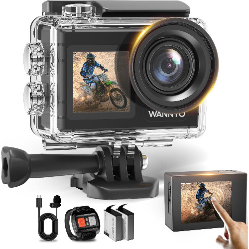 Camera sport WANNTO Motion 5 Pro, 5K/30FPS, 4K/60FPS, rezistenta la apa 40m, microfon extern, set accesorii inclus + Card MicroSD 64GB
