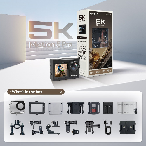 Camera sport WANNTO Motion 5 Pro, 5K/30FPS, 4K/60FPS, rezistenta la apa 40m, microfon extern, set accesorii inclus + Card MicroSD 64GB
 Camera sport WANNTO Motion 5 Pro, 5K/30FPS, 4K/60FPS, rezistenta la apa 40m, microfon extern, set accesorii inclus + Card MicroSD 64GB