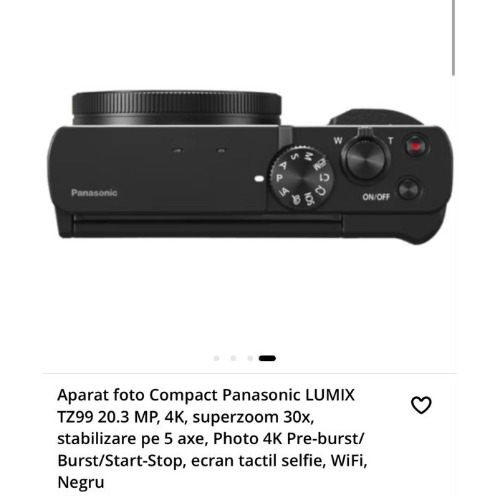 Aparat Foto Panasonic Lumix TZ99, 20.3 MP, 4K, Superzoom 30x, Stabilizare Pe 5 Axe, Photo 4K Pre-Burst/Burst/Start-Stop, Ecran Tactil Selfie, WiFi, Negru

