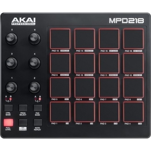 Controller MIDI Akai Professional MPD218, 16 Pad-uri, 3 Banci de Software, 48 de Sunete, 6 Potmetre, USB, Negru
