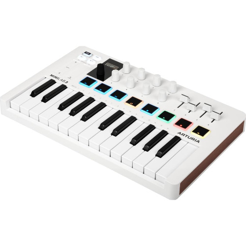 Controller MIDI Arturia MiniLab 3, Ecran LED, 25 clape sensibile la viteza, 2 benzi tactile , 8 pad-uri, USB-C, Alb