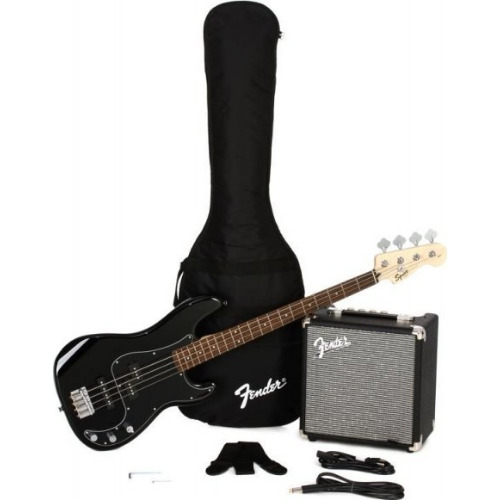 Chitara bass FENDER SQUIER Affinity P Bass PJ BK, 4 Corzi, 864mm, 20 Taste, Doze S-S, Volum, Ton, Amplificator Fender Frontman 15G, 38W, Intrare AUX