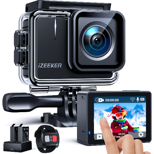 Camera de actiune iZeeker iA100, 20Mp, Ecran 2 inch, Touchscreen, Unghi 170 grade, Rezistent apa 40M cu carcasa, Wi-Fi, Negru