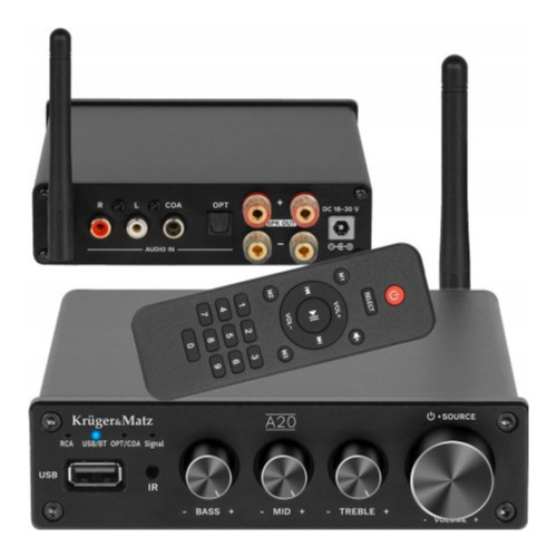Amplificator Kruger&Matz A20, 2X100W, Blootooth 5.0, Raza :10 m, - RCA, Coaxial, Optic, USB-A, Albastru
 Amplificator Kruger&Matz A20, 2X100W, Blootooth 5.0, Raza :10 m, - RCA, Coaxial, Optic, USB-A, Albastru