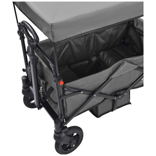 Carucior tip Wagon pentru 2 copii, VEVOR IM-662-SH, Carucior pliabil cu maner reglabil, Ham inconjurator, Copertina detasabila, 4 Roti cu frane, Carucior tandem multifunctional pentru camping, Gri inchis
