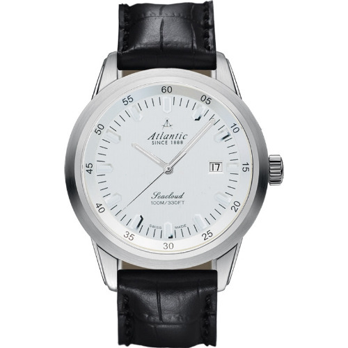 Ceas Barbatesc Atlantic Seacloud 73360, 43 mm, Cristal Safir, Otel Inoxidabil, WR 100M, Quartz, Curea din Piele Neagra, Silver
