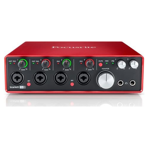 Interfață audio USB Focusrite Scarlett 18i8 2nd Gen , 18 intrari, 8 iesiri, 2 iesiri de casti independente, 8 intrari analogice, ADAT, Mixer DSP permitand latenta ultra redusa, 4 preamplificatoare, Rosu
