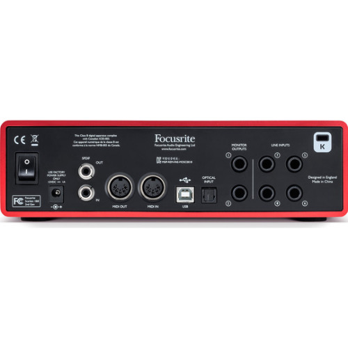 Interfață audio USB Focusrite Scarlett 18i8 2nd Gen , 18 intrari, 8 iesiri, 2 iesiri de casti independente, 8 intrari analogice, ADAT, Mixer DSP permitand latenta ultra redusa, 4 preamplificatoare, Rosu
