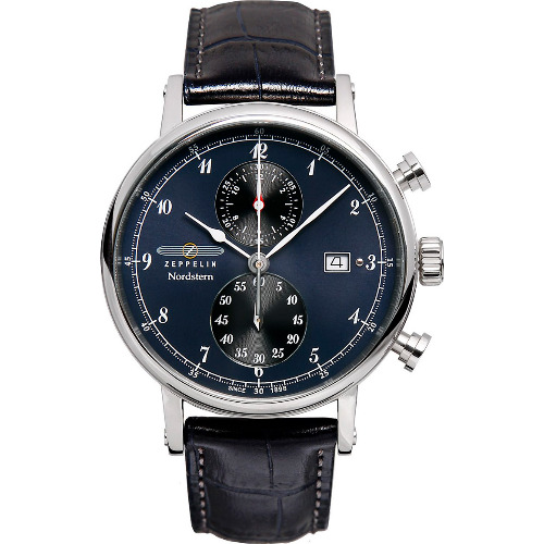 Ceas barbatesc Zeppelin Nordstern 7578-3, 41mm, Cronograf, Geam Cristal mineral, 10ATM, Carcasa otel inoxidabil, Curea piele, Quart, Analog