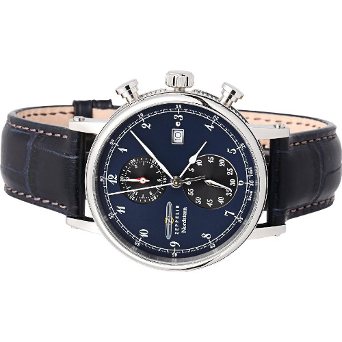 Ceas barbatesc Zeppelin Nordstern 7578-3, 41mm, Cronograf, Geam Cristal mineral, 10ATM, Carcasa otel inoxidabil, Curea piele, Quart, Analog