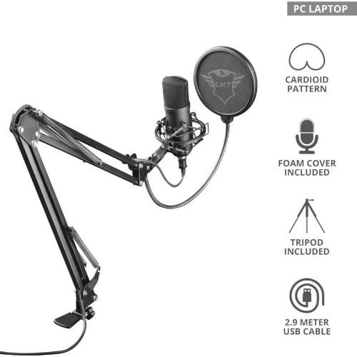 Microfon cu stand ajustabil Trust Emita Plus GXT252, Cardioid, pentru Streaming, Podcast, Youtube, negru